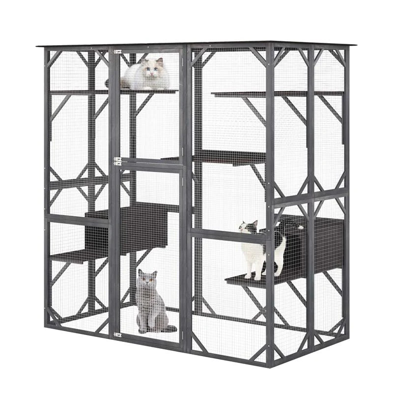 71 Inch Tall Walk-In Wooden Catio - Outdoor Cat Enclosure with 7 Platforms, 2 Condos & Asphalt Roof, Grey