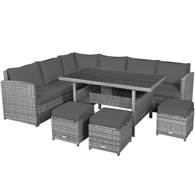 7-Piece PE Rattan Patio Sectional Sofa Set with Dining Table, Ottomans & Cushions, Mix Grey