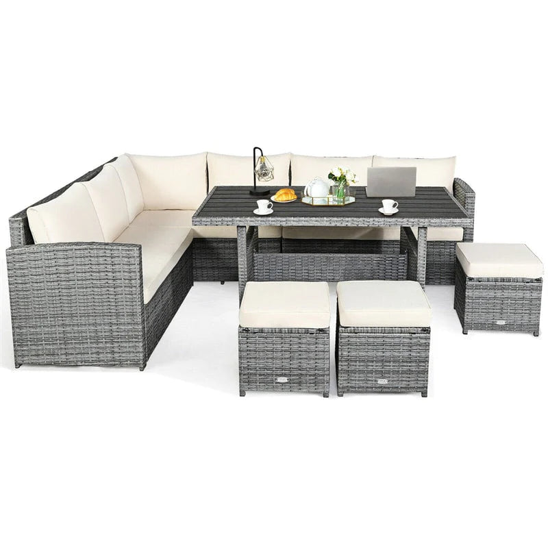 7-Piece Rattan Patio Dining Set – Sectional Sofa with Table, Ottomans & Cushions, Mix Grey