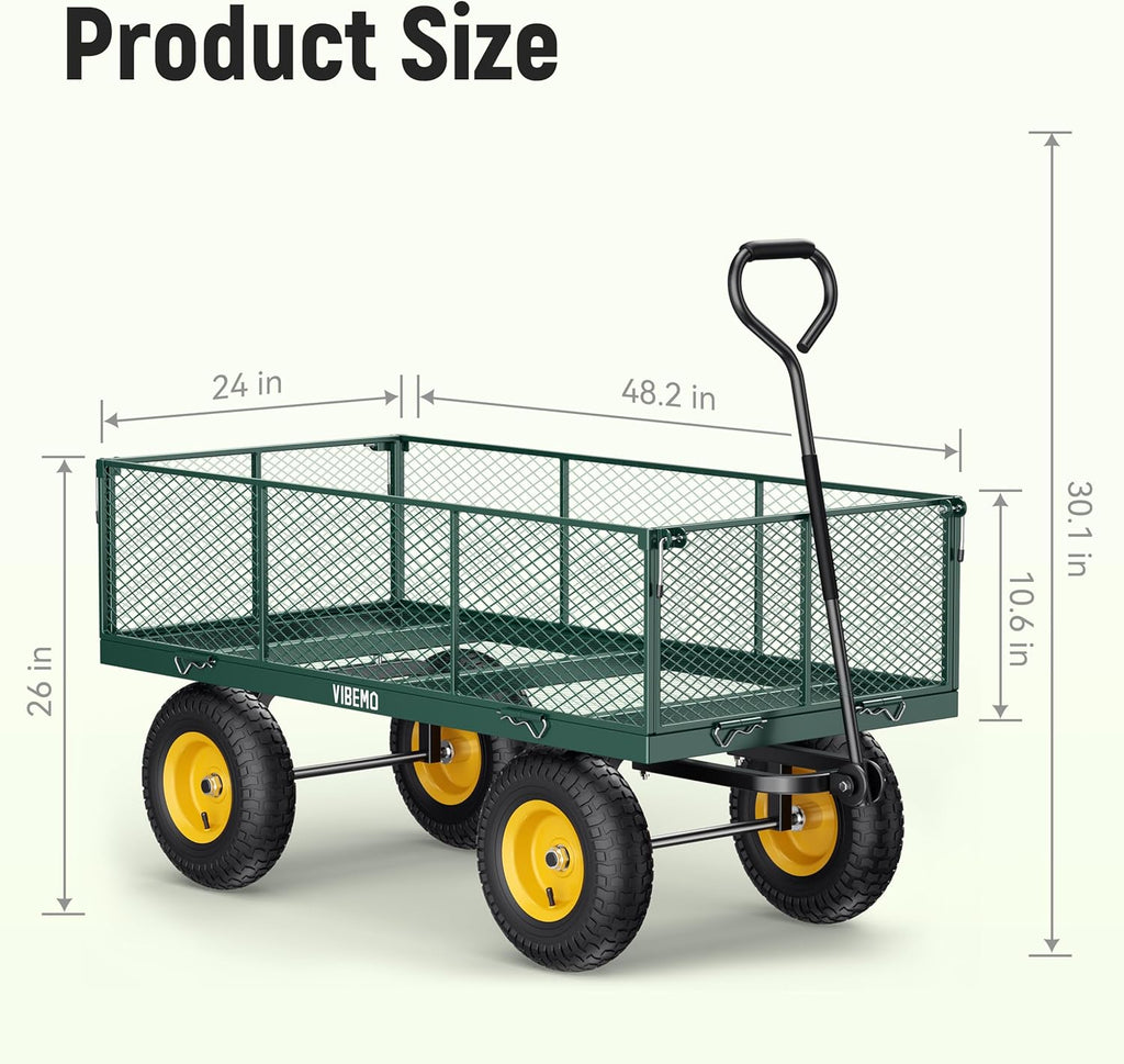 Vibemo 2-in-1 Steel Garden Cart – 1400 lb Heavy-Duty Wagon, Mesh Sides to Flatbed, 13" Pneumatic Tyres
