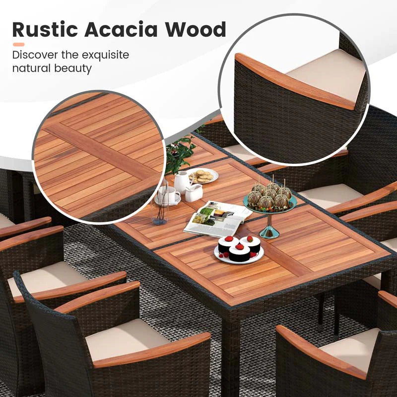 10-Piece Patio Rattan Dining Set with 15 ft Double-Sided Umbrella – Acacia Wood Table & Stackable Cushioned Wicker Chairs