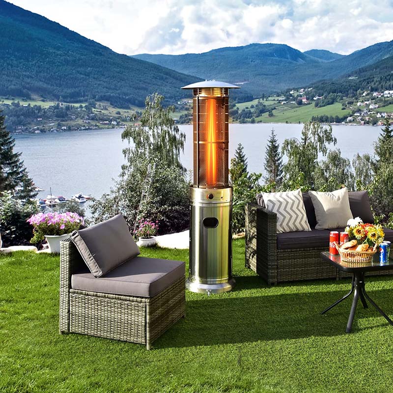 41,000 BTU Stainless Steel Patio Heater – Standing Glass Tube Flame Heater with Wheels, Push-Button Ignition