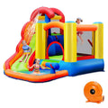 Colourful 6-in-1 kids inflatable water slide bounce house with blower in garden
