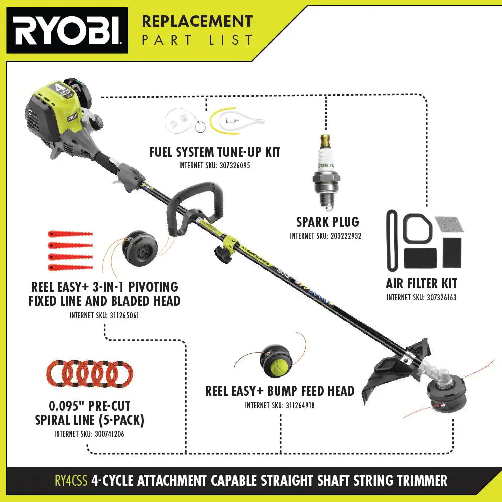 RYOBI RY4CSS 30cc 4-Stroke Straight Shaft Gas Trimmer – Attachment Capable, 18" Cut