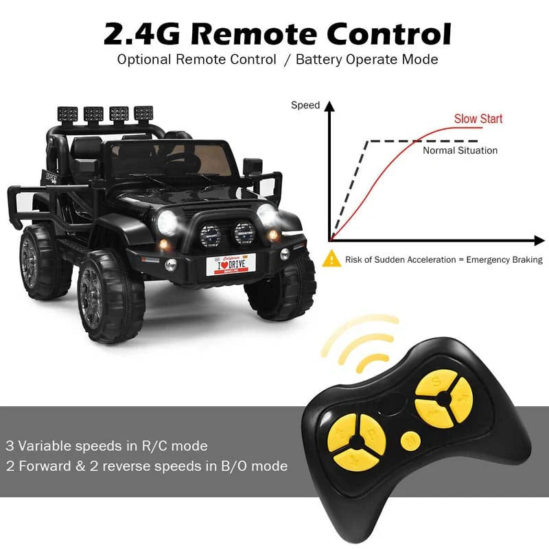 12V 2-Seater Kids Ride-On Truck with Remote Control, Storage, LED Lights and Music, Ages 3+