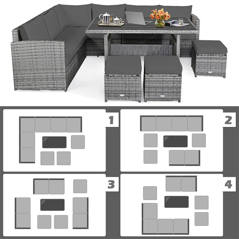 7-Piece Rattan Patio Dining Set – Sectional Sofa with Table, Ottomans & Cushions, Mix Grey
