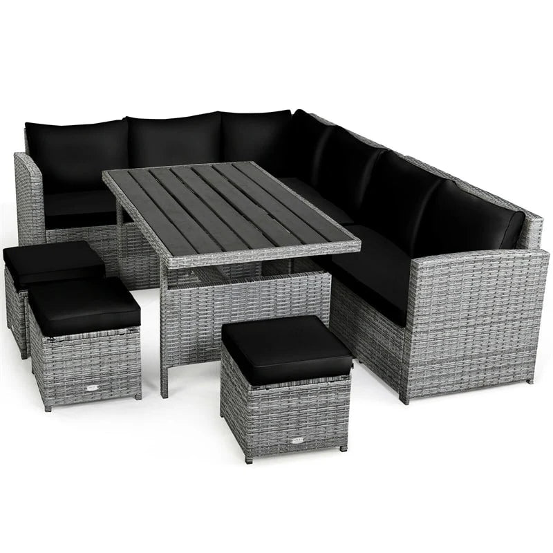 7-Piece PE Rattan Patio Sectional Sofa Set with Dining Table, Ottomans & Cushions, Mix Grey
