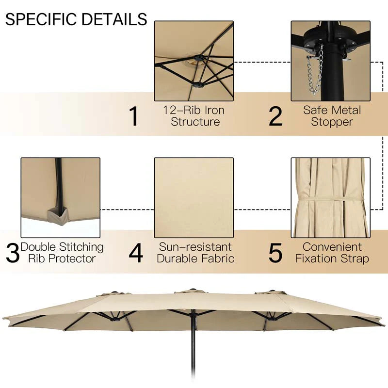 10-Piece Patio Rattan Dining Set with 15 ft Double-Sided Umbrella – Acacia Wood Table & Stackable Cushioned Wicker Chairs