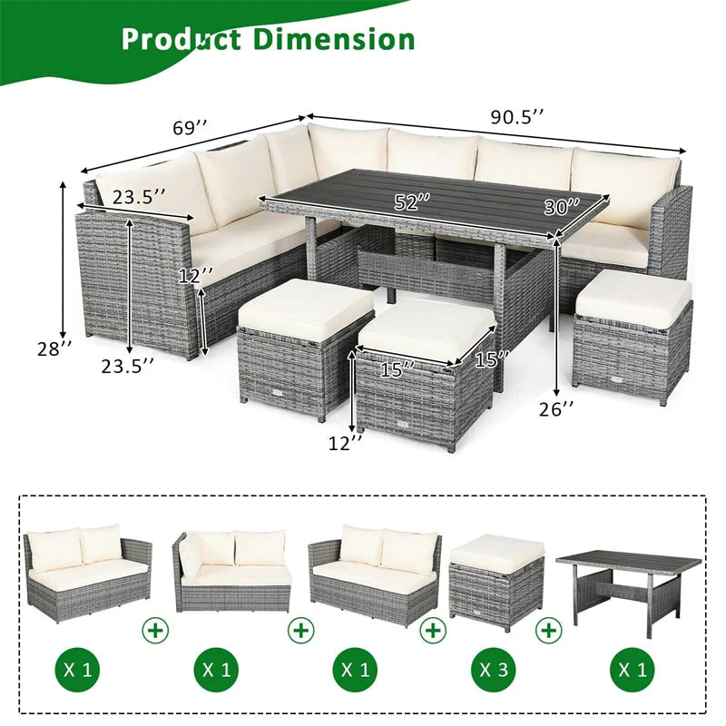 7-Piece Rattan Patio Dining Set – Sectional Sofa with Table, Ottomans & Cushions, Mix Grey