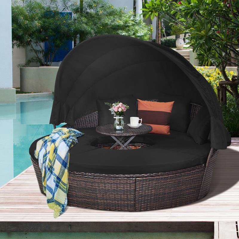 Rattan Wicker Round Patio Daybed with Retractable Canopy & Adjustable Coffee Table – Outdoor Sofa Set