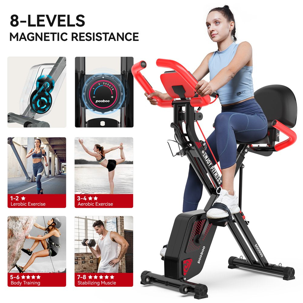 Pooboo 3-in-1 Foldable Magnetic Exercise Bike – Upright & Recumbent X-Bike, 8-Level Resistance, Pulse Sensor