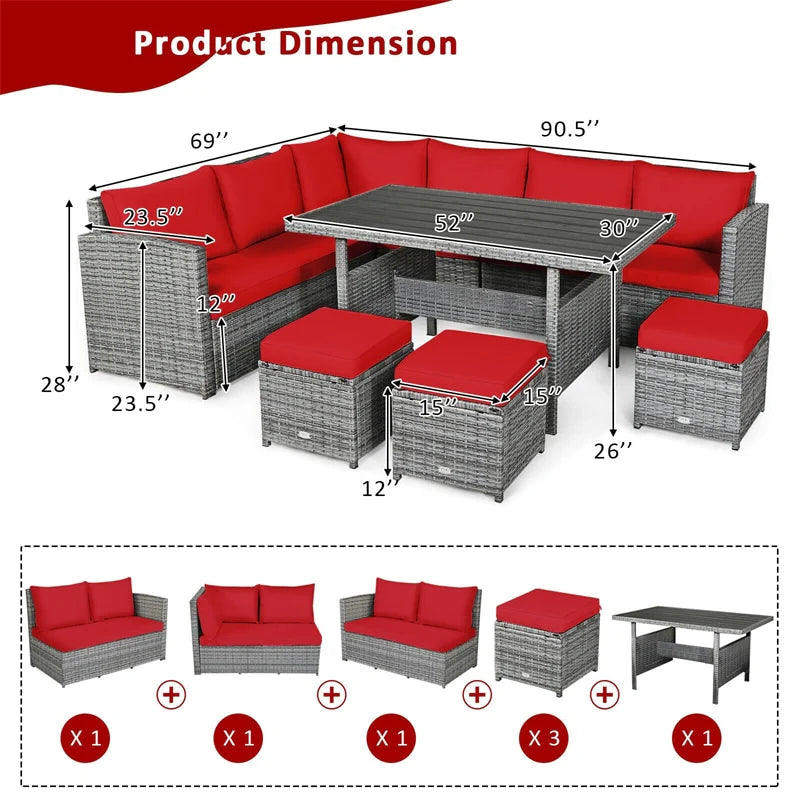 7-Piece PE Rattan Patio Sectional Sofa Set with Dining Table, Ottomans & Cushions, Mix Grey