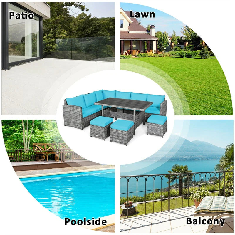 7-Piece Rattan Patio Dining Set – Sectional Sofa with Table, Ottomans & Cushions, Mix Grey