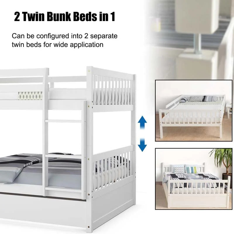 Solid Wood Full-over-Full Bunk Bed Frame with Trundle, Ladder & Guardrails, Convertible for Kids & Teens