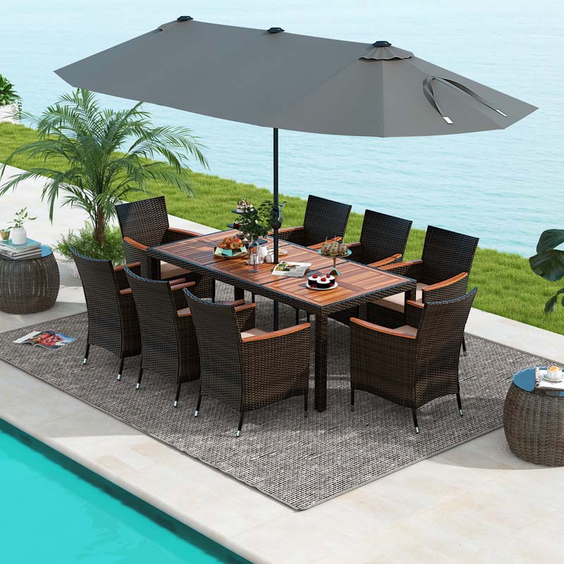 10-Piece Patio Rattan Dining Set with 15 ft Double-Sided Umbrella – Acacia Wood Table & Stackable Cushioned Wicker Chairs