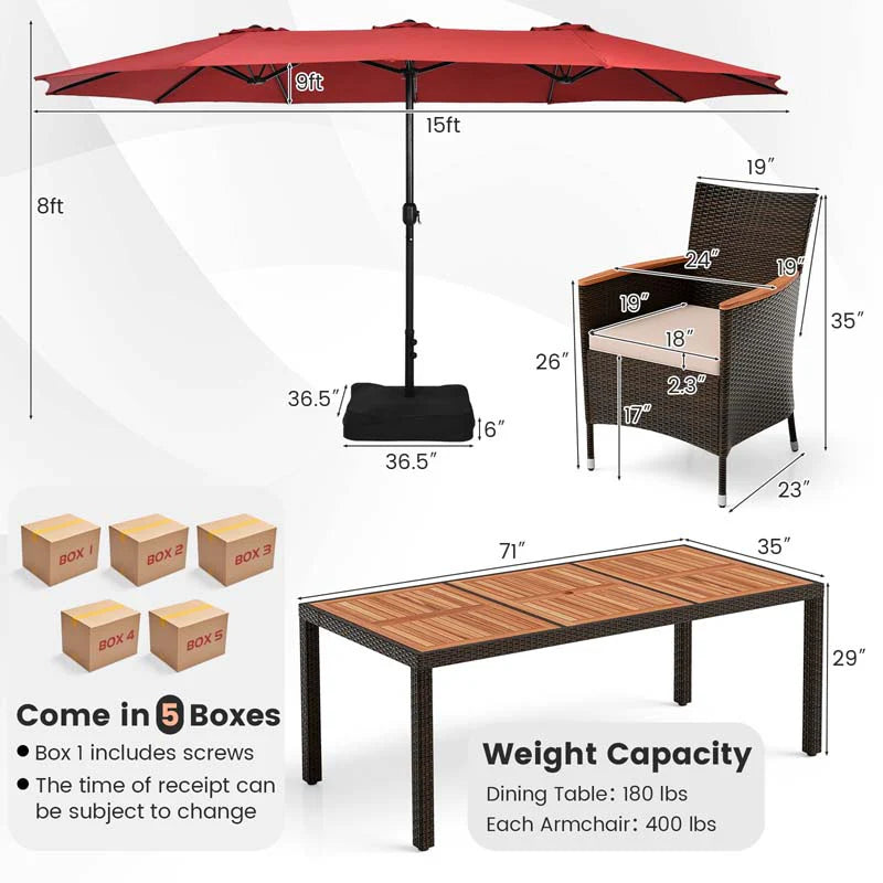 10-Piece Patio Rattan Dining Set with 15 ft Double-Sided Umbrella – Acacia Wood Table & Stackable Cushioned Wicker Chairs