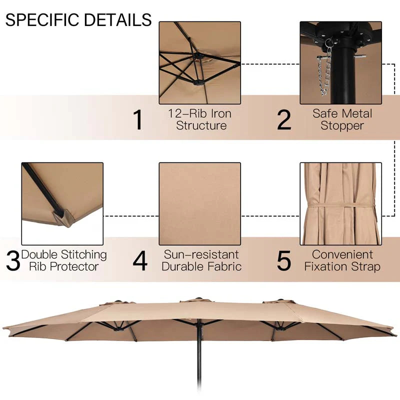 10-Piece Patio Rattan Dining Set with 15 ft Double-Sided Umbrella – Acacia Wood Table & Stackable Cushioned Wicker Chairs