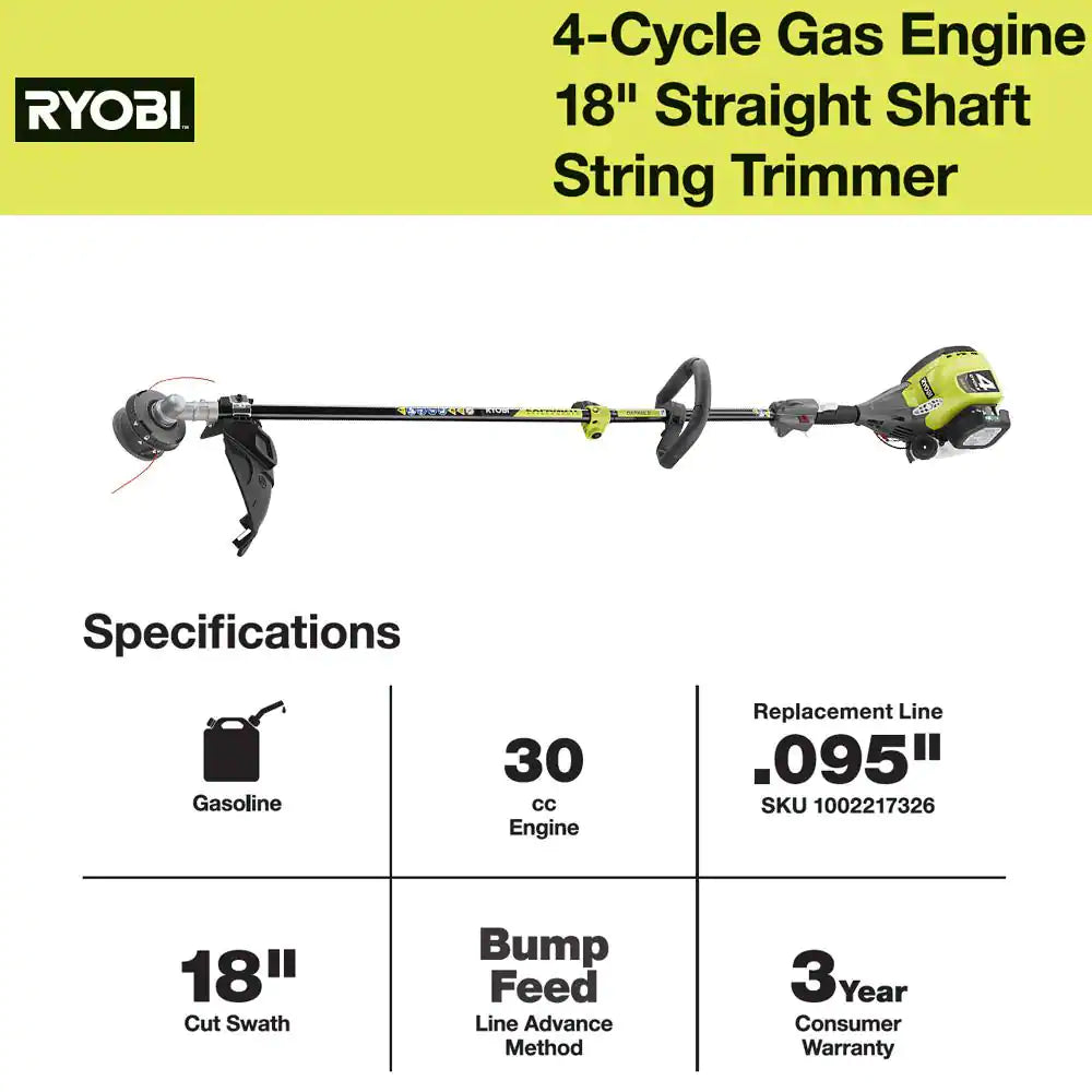 RYOBI RY4CSS 30cc 4-Stroke Straight Shaft Gas Trimmer – Attachment Capable, 18" Cut