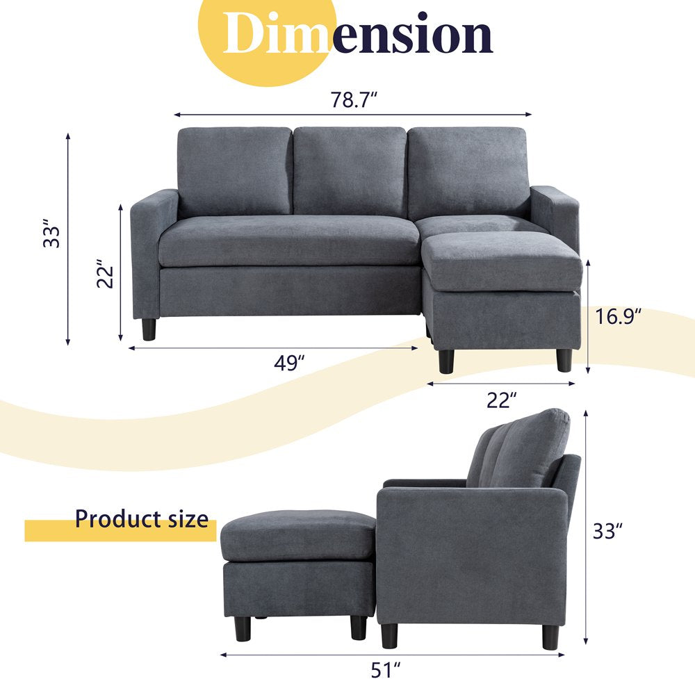 Walsunny Reversible L-Shaped Sectional Sofa - Linen Fabric Couch with Movable Ottoman for Small Spaces, Grey