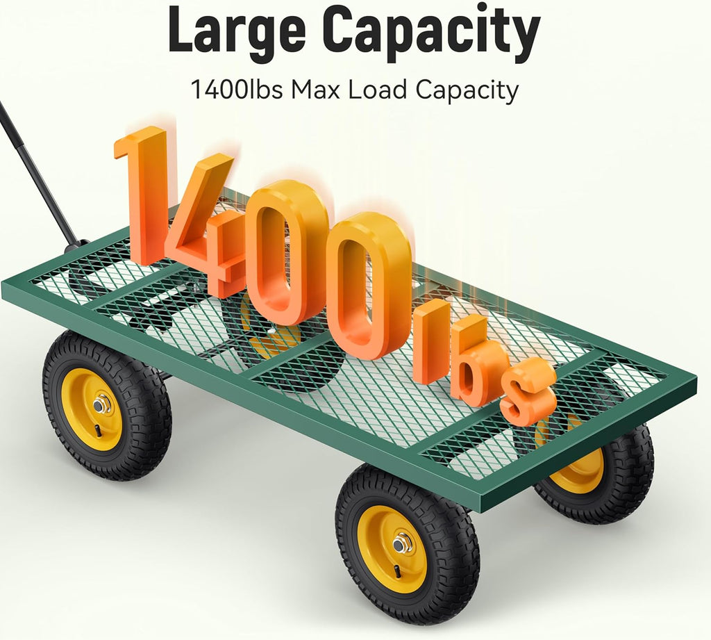 Vibemo 2-in-1 Steel Garden Cart – 1400 lb Heavy-Duty Wagon, Mesh Sides to Flatbed, 13" Pneumatic Tyres