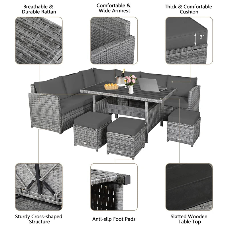 7-Piece PE Rattan Patio Sectional Sofa Set with Dining Table, Ottomans & Cushions, Mix Grey