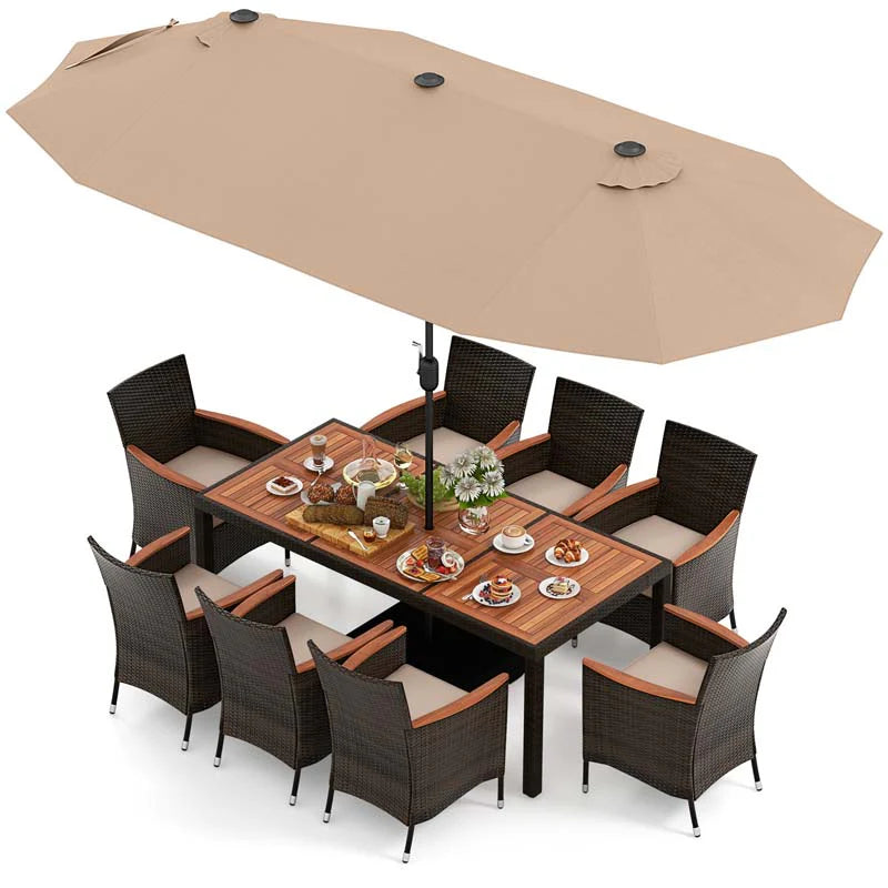 10-Piece Patio Rattan Dining Set with 15 ft Double-Sided Umbrella – Acacia Wood Table & Stackable Cushioned Wicker Chairs