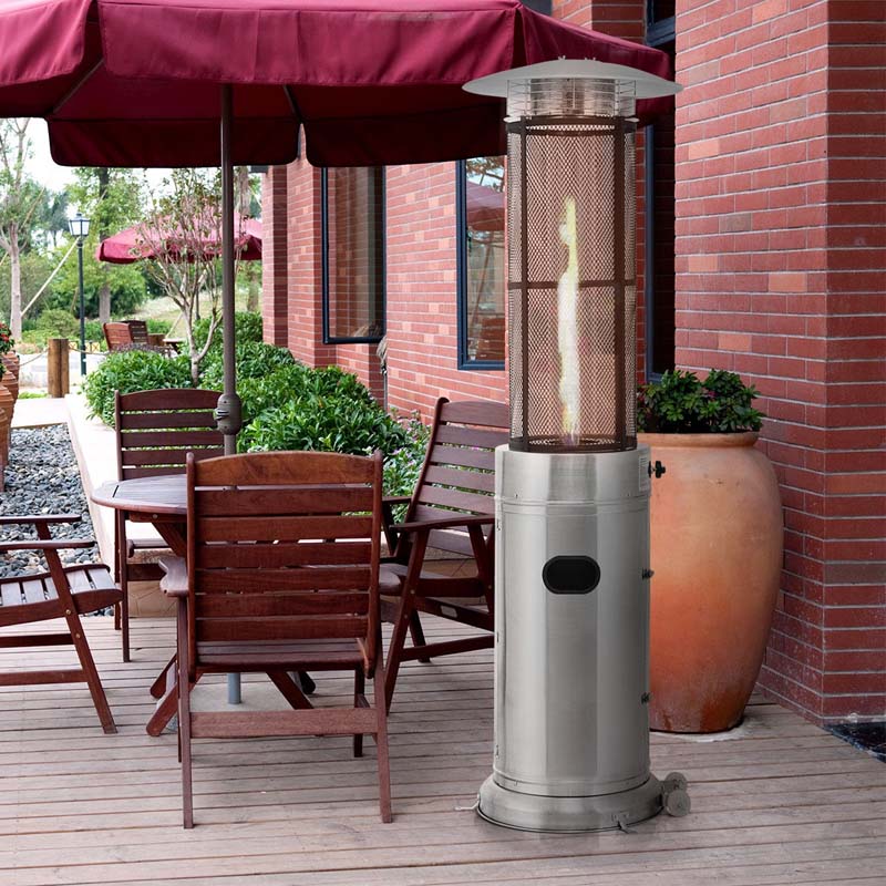 41,000 BTU Stainless Steel Patio Heater – Standing Glass Tube Flame Heater with Wheels, Push-Button Ignition