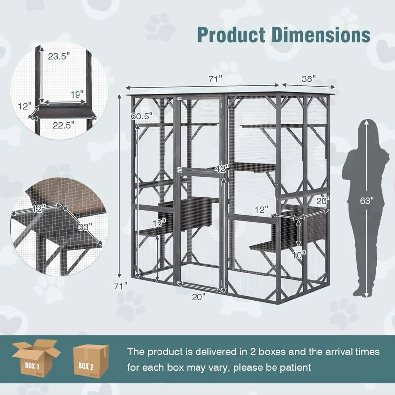 71 Inch Tall Walk-In Wooden Catio - Outdoor Cat Enclosure with 7 Platforms, 2 Condos & Asphalt Roof, Grey