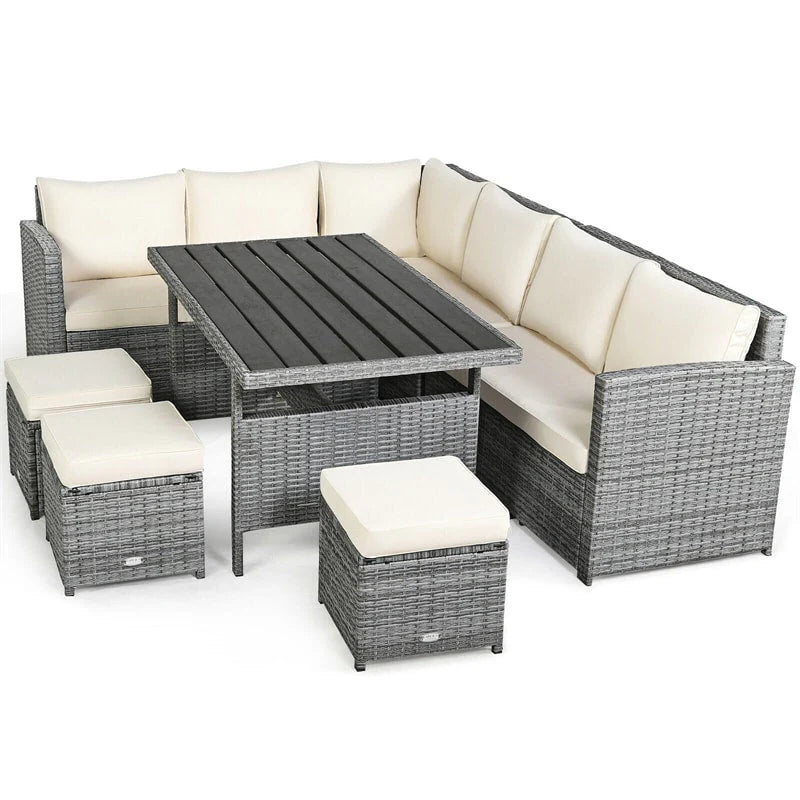 7-Piece Rattan Patio Dining Set – Sectional Sofa with Table, Ottomans & Cushions, Mix Grey