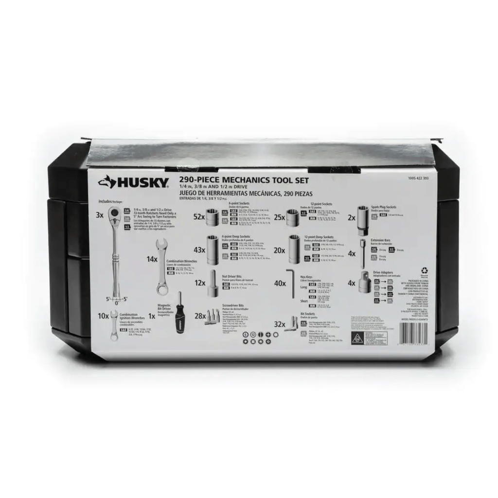 Husky 290-Piece Mechanics Tool Set (H290MTS) – 1/4", 3/8" & 1/2" Drive Sockets, Ratchets & Wrenches