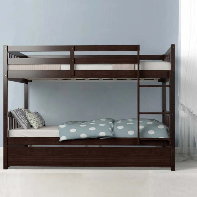 Solid Wood Full-over-Full Bunk Bed Frame with Trundle, Ladder & Guardrails, Convertible for Kids & Teens