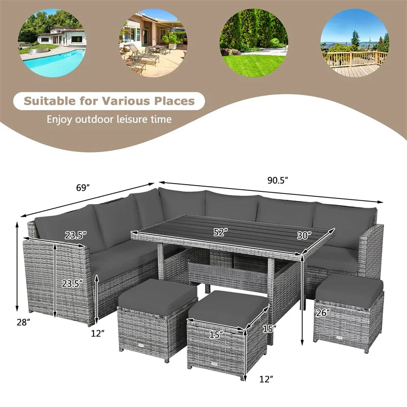 7-Piece PE Rattan Patio Sectional Sofa Set with Dining Table, Ottomans & Cushions, Mix Grey
