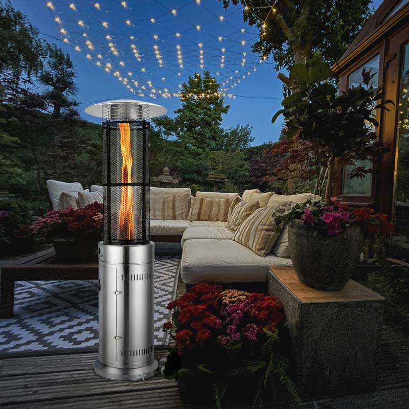 41000 BTU Stainless Steel Patio Heater - Standing Propane Garden Heater with Glass Flame Tube, Wheels & Tilt Shut-Off