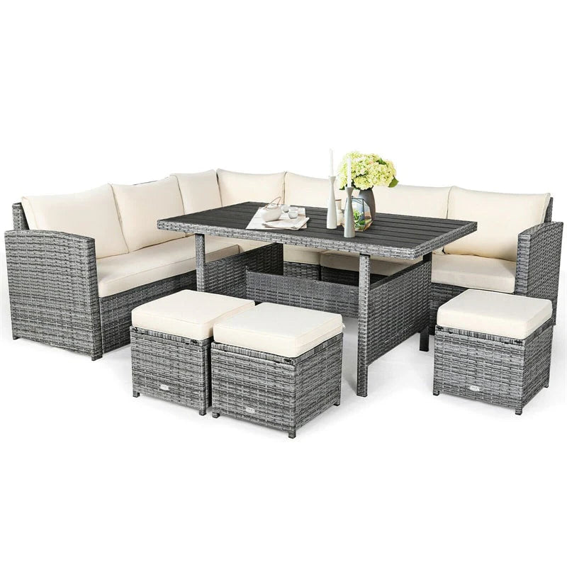 7-Piece Rattan Patio Dining Set – Sectional Sofa with Table, Ottomans & Cushions, Mix Grey