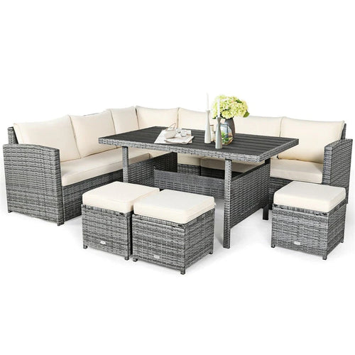 7-Piece Rattan Patio Dining Set – Sectional Sofa with Table, Ottomans & Cushions, Mix Grey