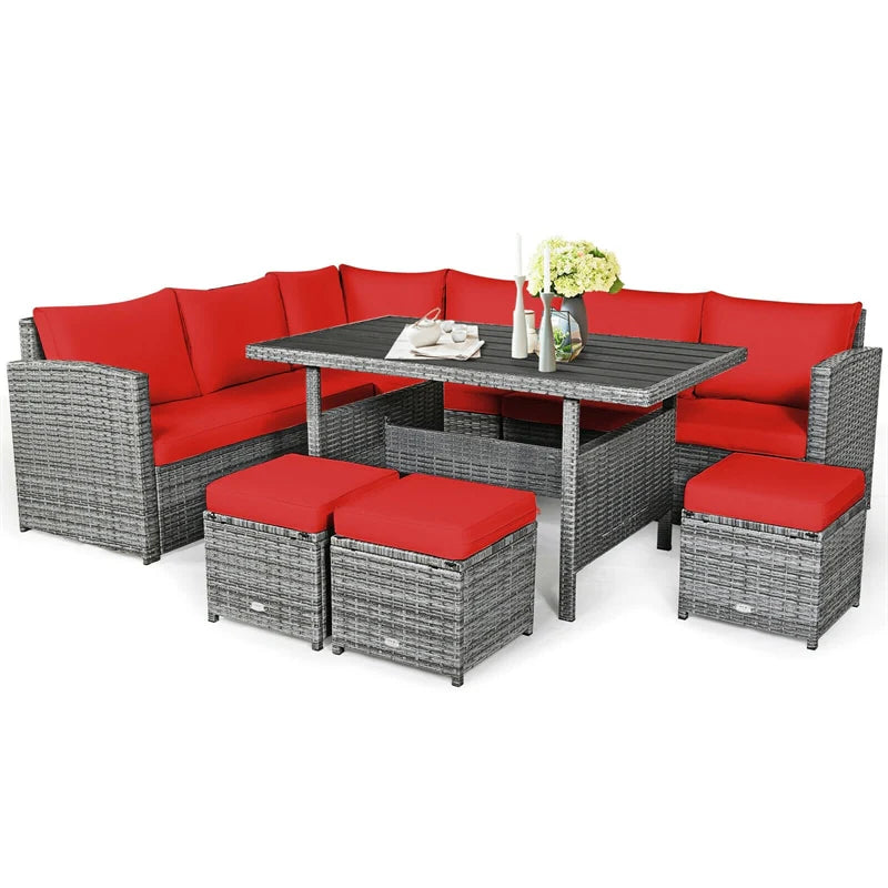 7-Piece PE Rattan Patio Sectional Sofa Set with Dining Table, Ottomans & Cushions, Mix Grey