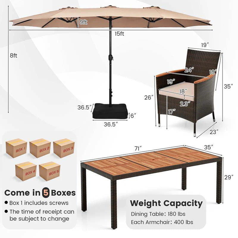 10-Piece Patio Rattan Dining Set with 15 ft Double-Sided Umbrella – Acacia Wood Table & Stackable Cushioned Wicker Chairs