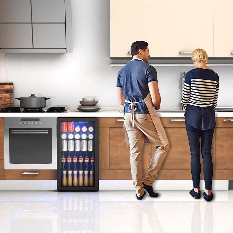 120-Can Beverage Cooler Fridge with Glass Door & Blue LED Light, 3.2 cu ft, Built-in or Freestanding