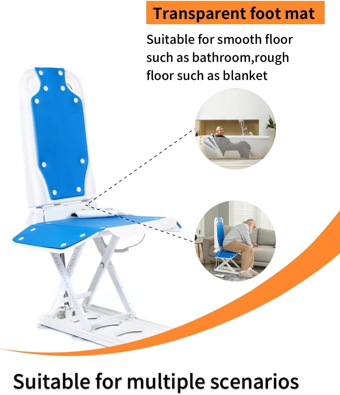 Electric Floor Lift Chair for Elderly, Reclining Lift Assist Raises to 20 Inches, 300 lb Capacity, IPX8 Waterproof, Blue