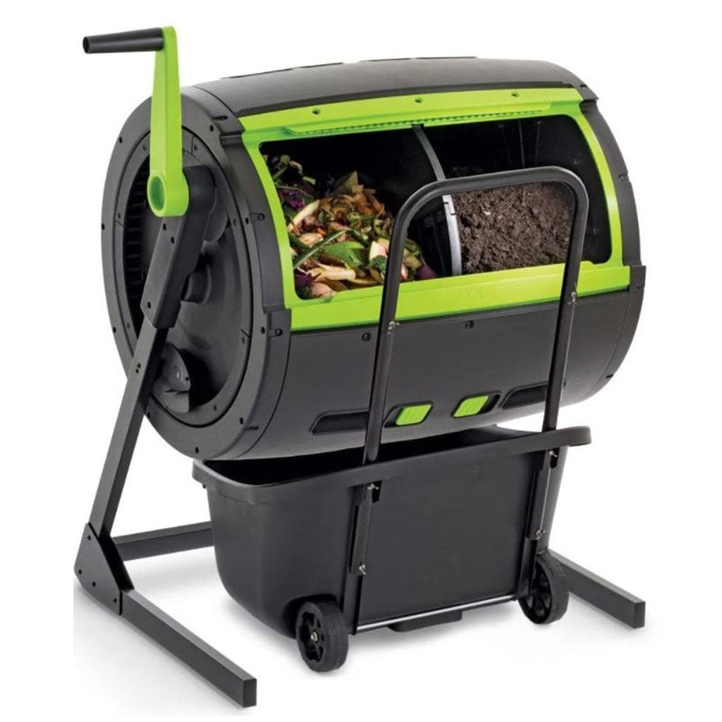 Maze 65-gallon black compost tumbler with two chambers and matching wheeled cart