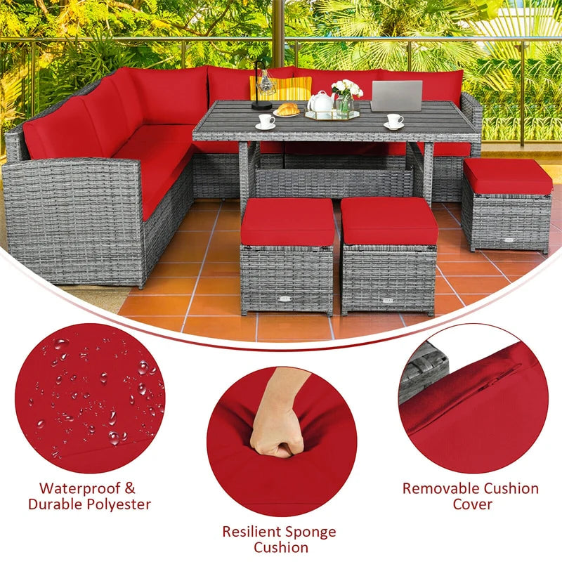 7-Piece PE Rattan Patio Sectional Sofa Set with Dining Table, Ottomans & Cushions, Mix Grey