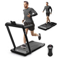 Black slim folding 2-in-1 under desk treadmill with LED display and remote