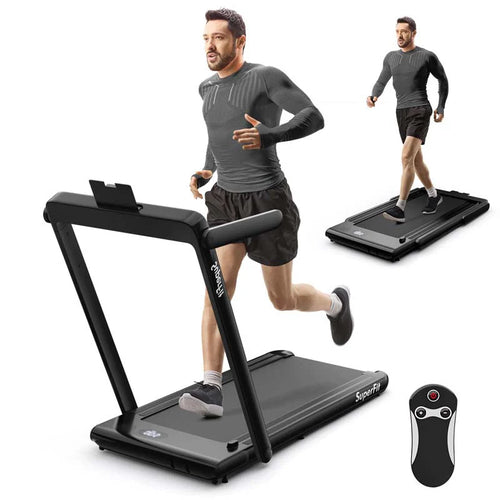 Black slim folding 2-in-1 under desk treadmill with LED display and remote