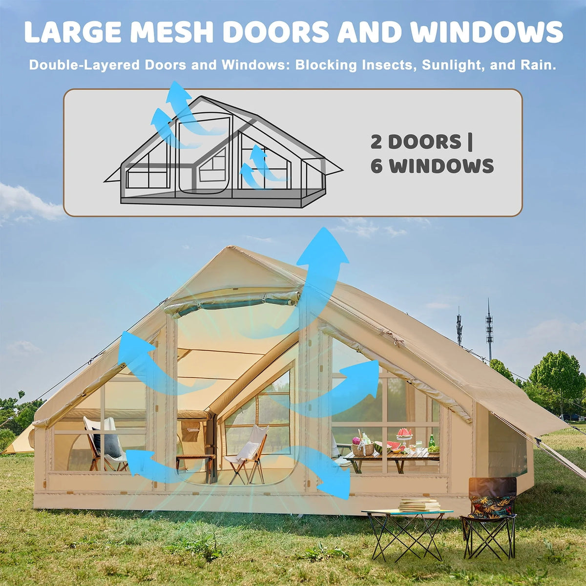 6-Person Inflatable Glamping Tent with Pump, 10 ft x 7 ft Oxford Cabin, 4-Season Waterproof