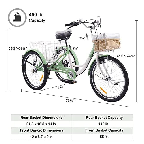Viribus 24-Inch Adult Tricycle - 7-Speed Shimano Three-Wheel Bike with Front and Rear Baskets, 450 lb Capacity