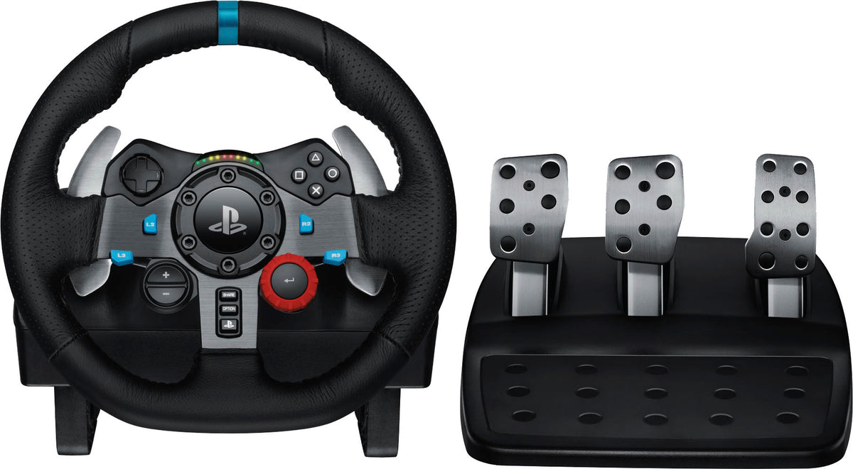 Black Logitech G29 Driving Force racing wheel and floor pedal set