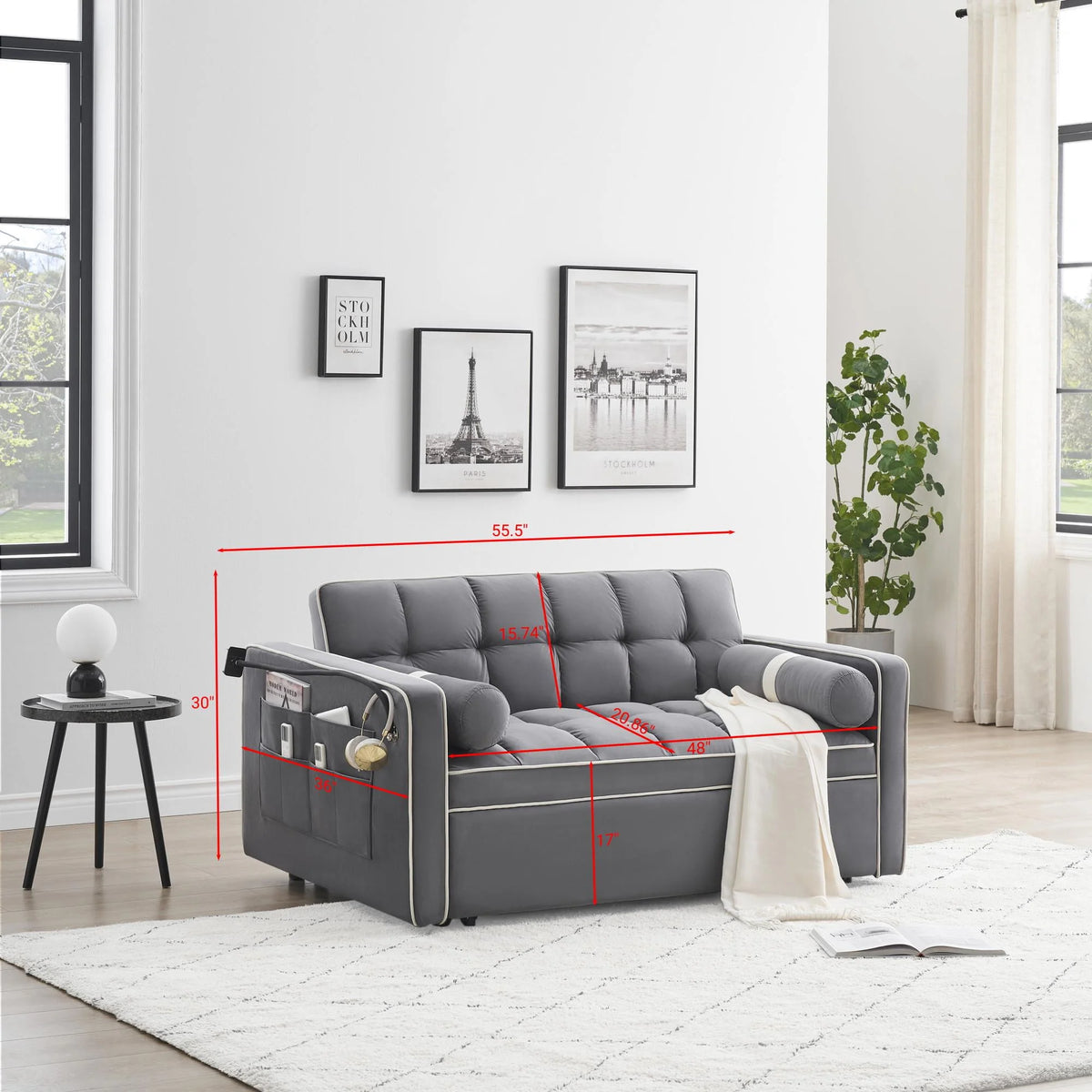3-in-1 Convertible Sleeper Sofa Bed – 55.5" Tufted Velvet Loveseat Futon with Pull-Out Bed (Grey)