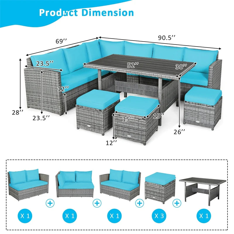7-Piece PE Rattan Patio Sectional Sofa Set with Dining Table, Ottomans & Cushions, Mix Grey