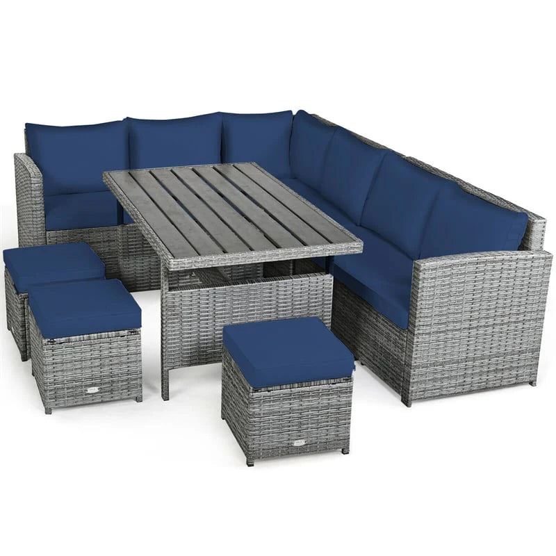 7-Piece Rattan Patio Dining Set – Sectional Sofa with Table, Ottomans & Cushions, Mix Grey