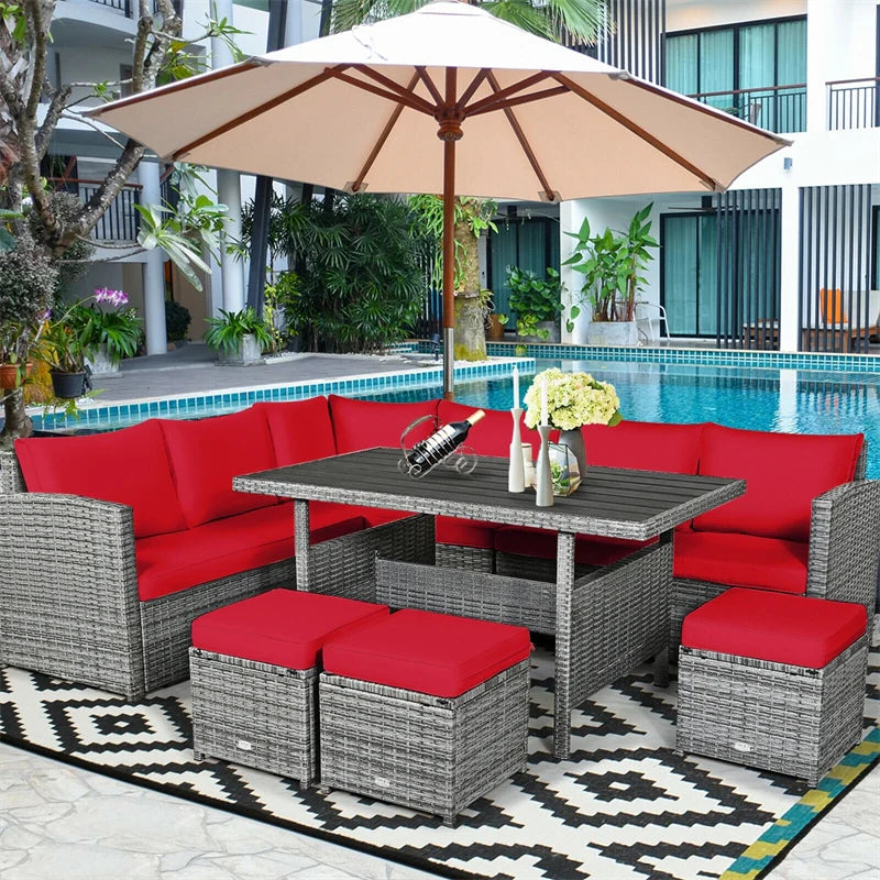7-Piece PE Rattan Patio Sectional Sofa Set with Dining Table, Ottomans & Cushions, Mix Grey